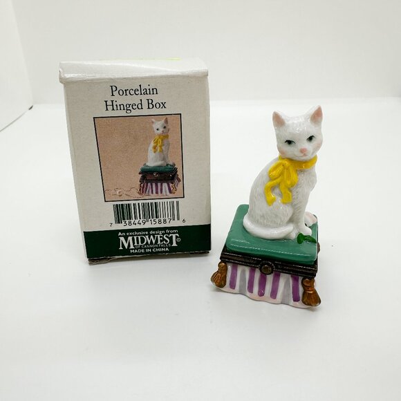 Midwest Cannon Falls Porcelain Hinged Trinket Box Cat Kitten White Bow Fancy - Picture 1 of 8